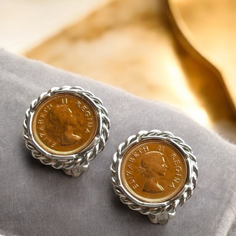 Vintage Signed LERU Gold and Silver Tone Faux Coin  Clip On Earrings 1”